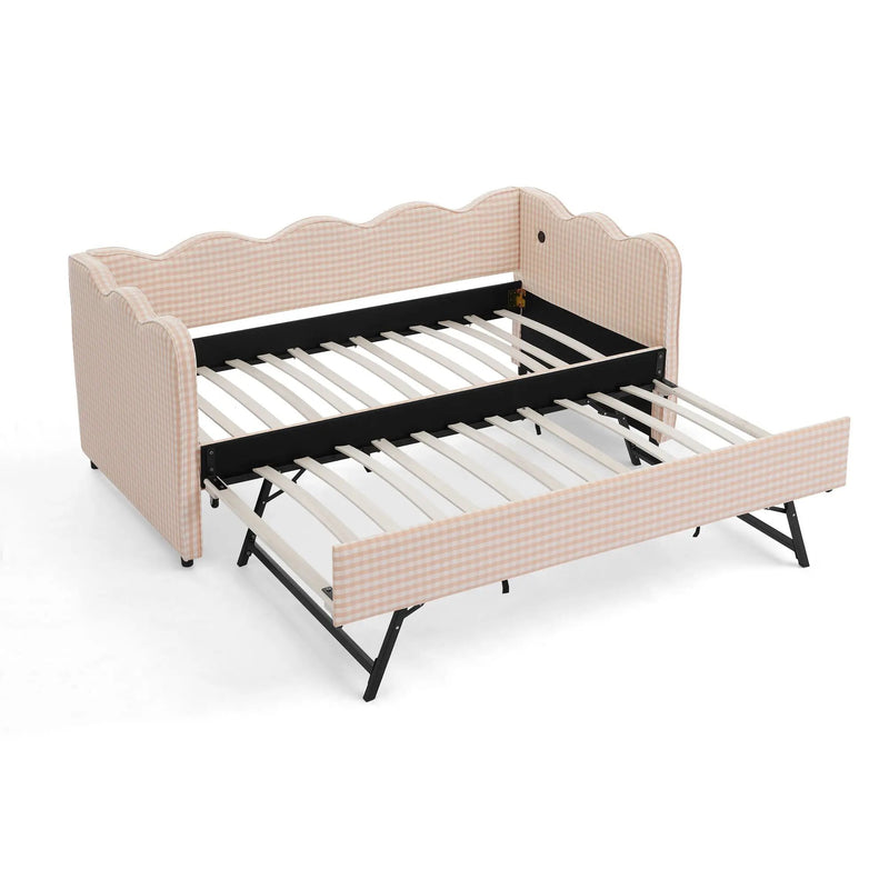 Gingham Daybed With USB Charging Port, Wave Shaped Design by Unique Piece Furniture