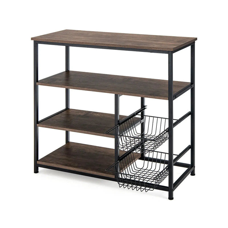 4-Tier Industrial Kitchen Baker's Rack with 2 Wire Baskets-Rustic Brown by DirectDeals
