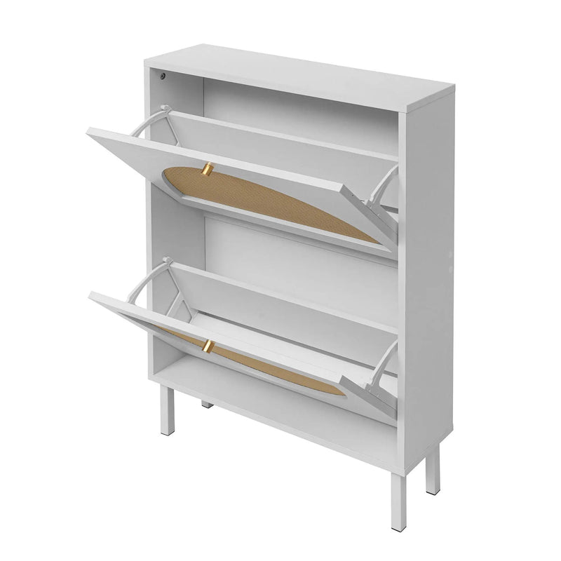 2 Door Shoe Rack, Rattan, Double Layer, Suitable For Living Room, Hallway - White by HouseOfZazla