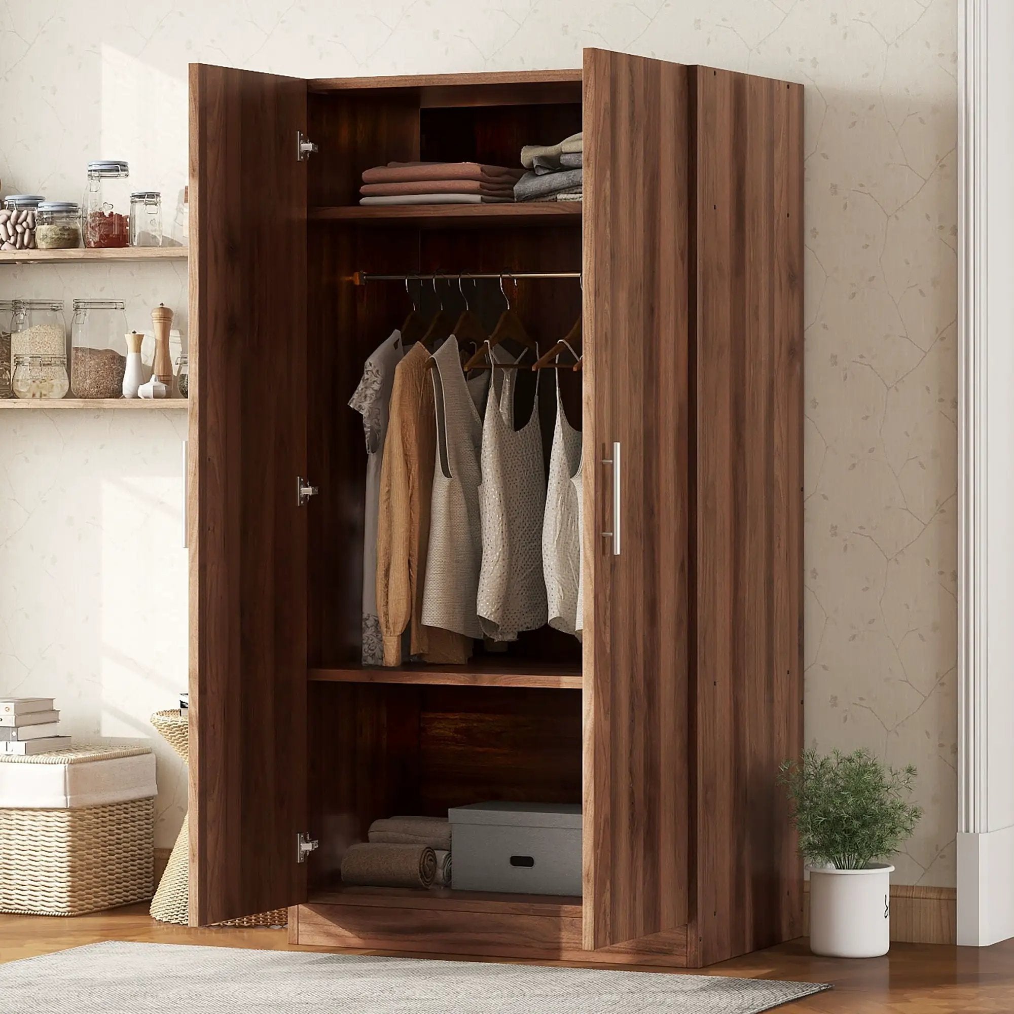 2 Door Wooden Wardrobe Armoire With 3 Storage Shelves - Brown by Unique Piece Furniture
