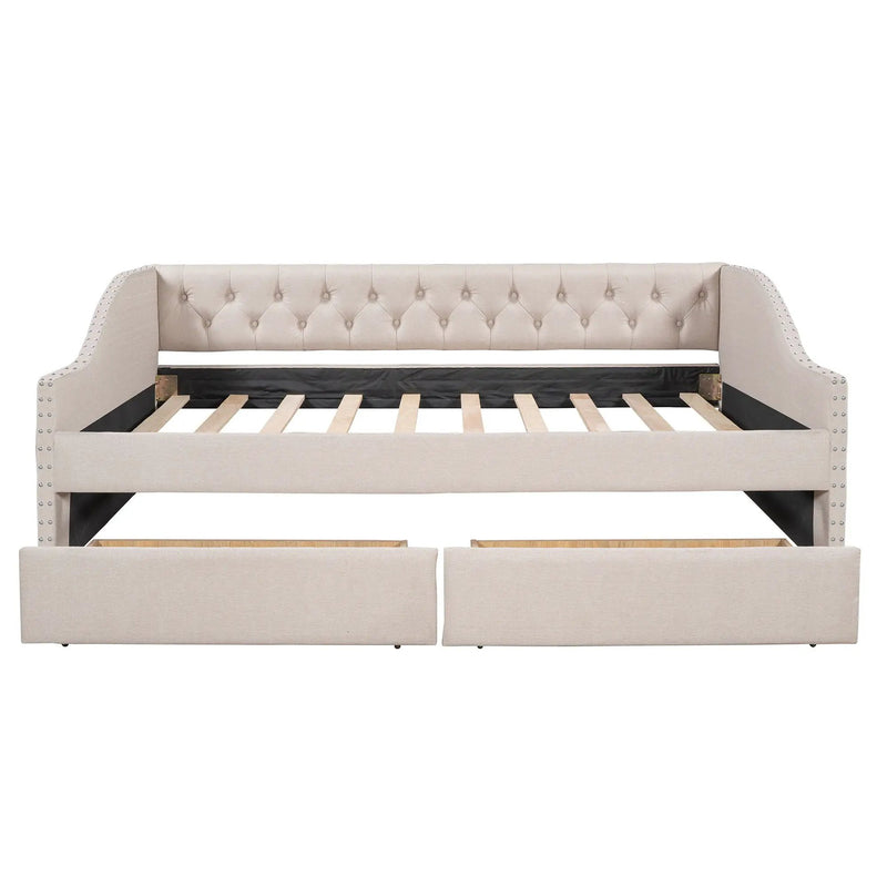 Upholstered Daybed With Two Drawers, Wood Slat Support by HouseOfZazla