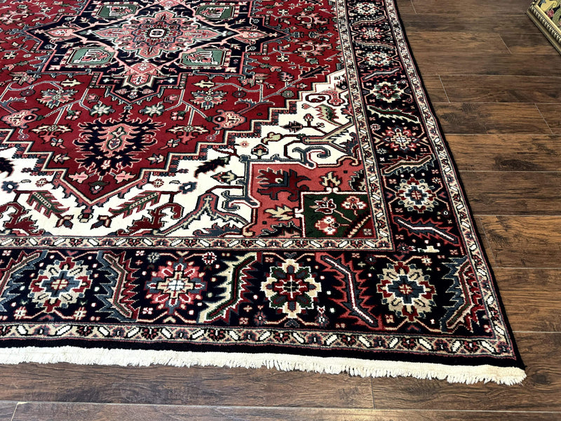 Indo Persian Heriz Rug 8x10, Geometric Medallion, Brick Red Ivory Navy Blue, Room Sized Heriz Carpet, Wool Rug by Jewel Rugs