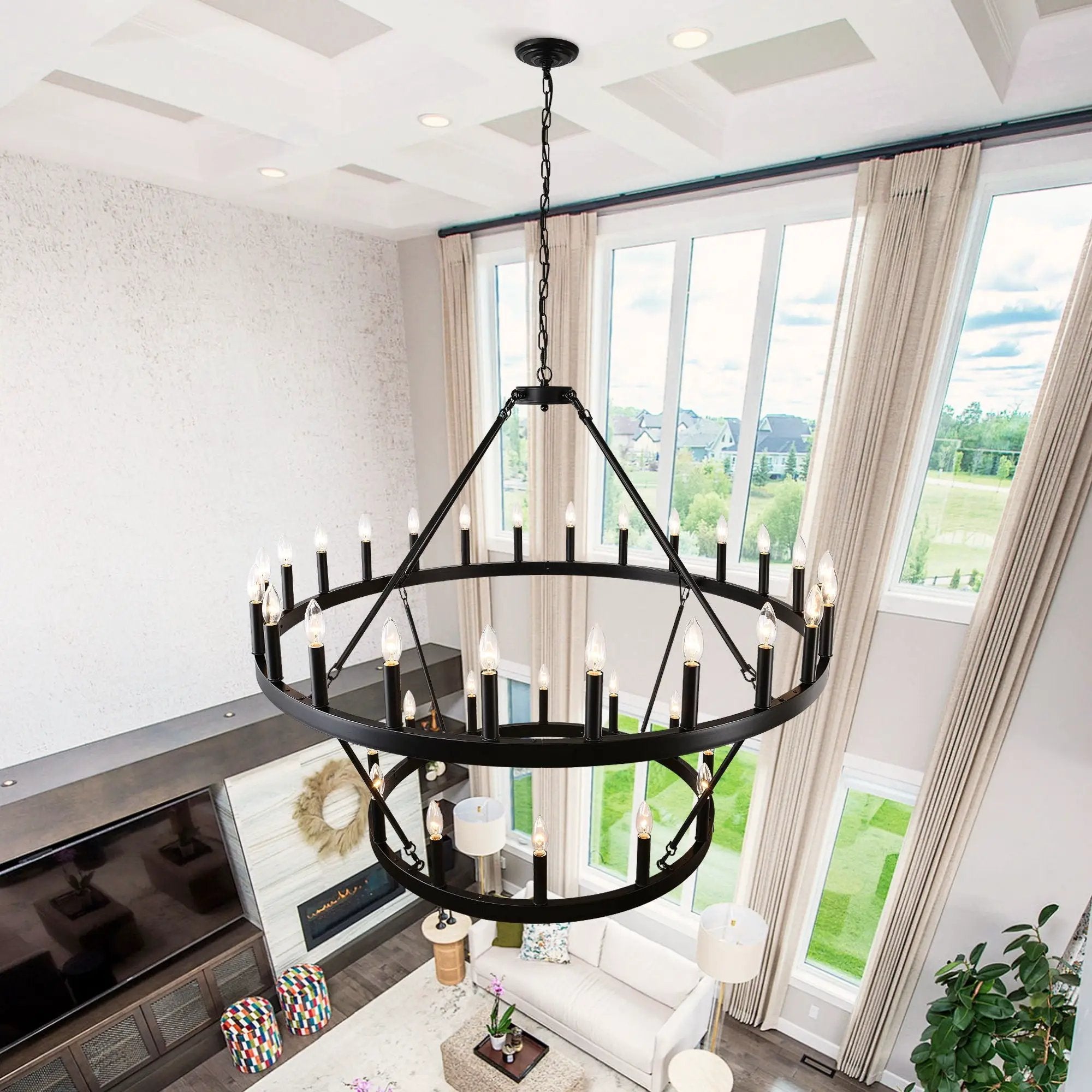 2 Tiers Wagon Wheel Chandelier Wooden Farmhouse 36 Light (24 / 12) Or (12 / 24) Metal Chandeliers 2 Story Light Fixtures Industrial For High Ceiling Living Dining Room Foyer, Adjustable Height - Black by HouseOfZazla