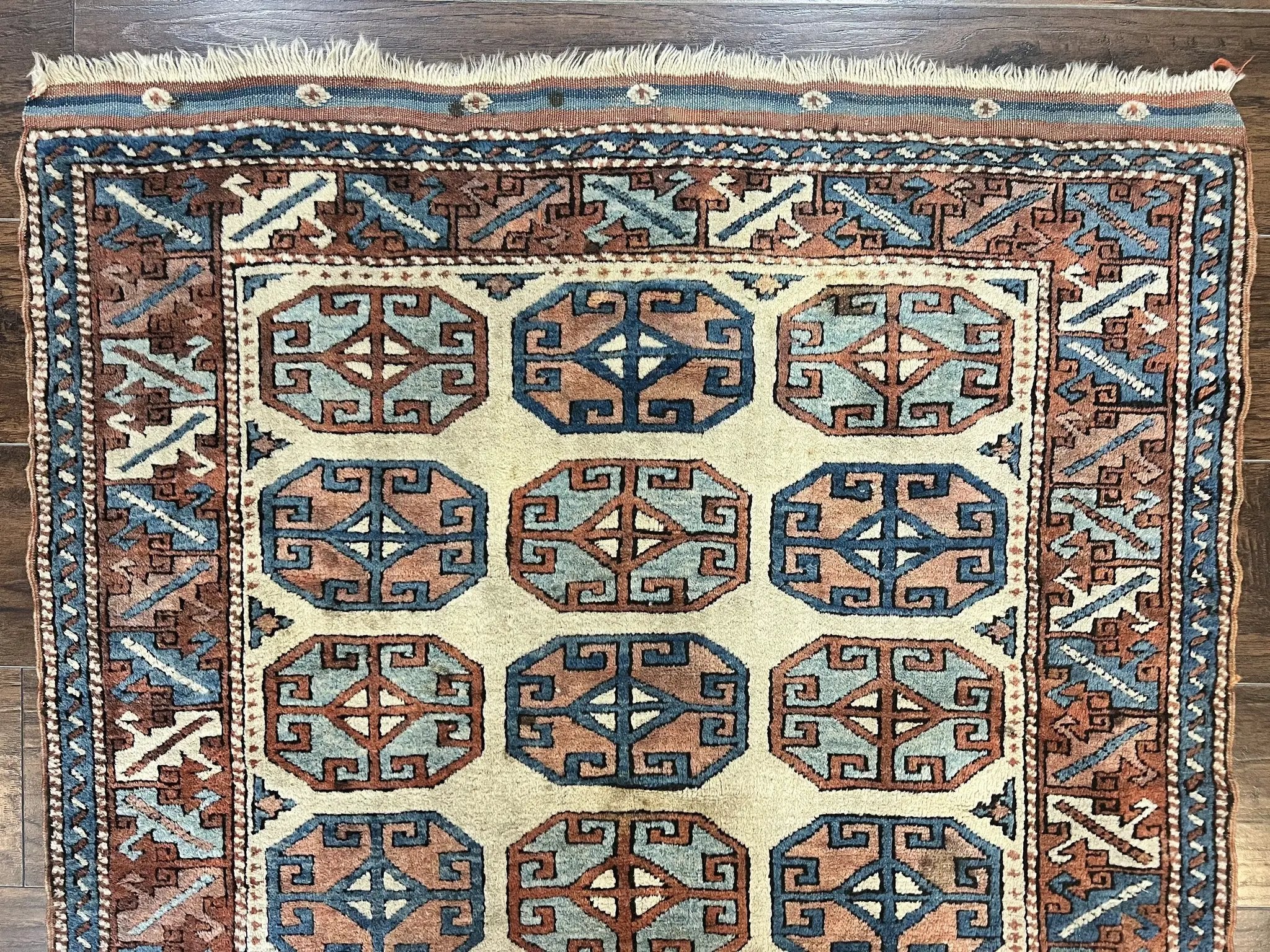 Turkish Kazak Rug 3x4, Wool Hand Knotted Handmade Vintage Carpet, Geometric Tribal Repeated Motif, Small 3 x 4 Antique Rug, Cream Red by Jewel Rugs