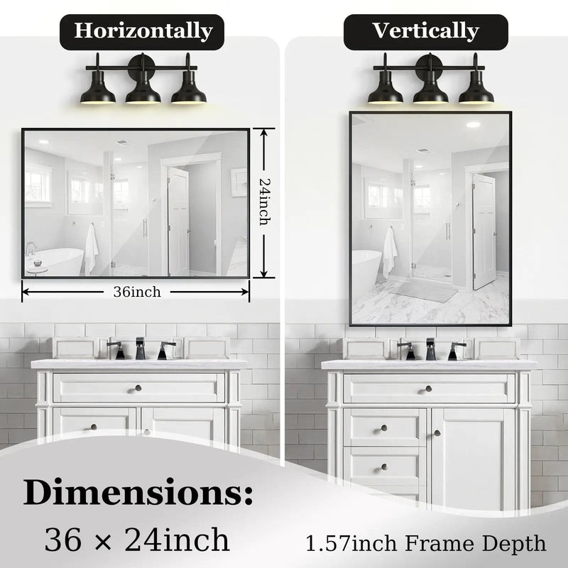Rectangular Bathroom Mirror Square Angle Metal Frame Wall Mounted Hanging Plates Wall Mount Mirror For Bathroom (Horizontal & Vertical)