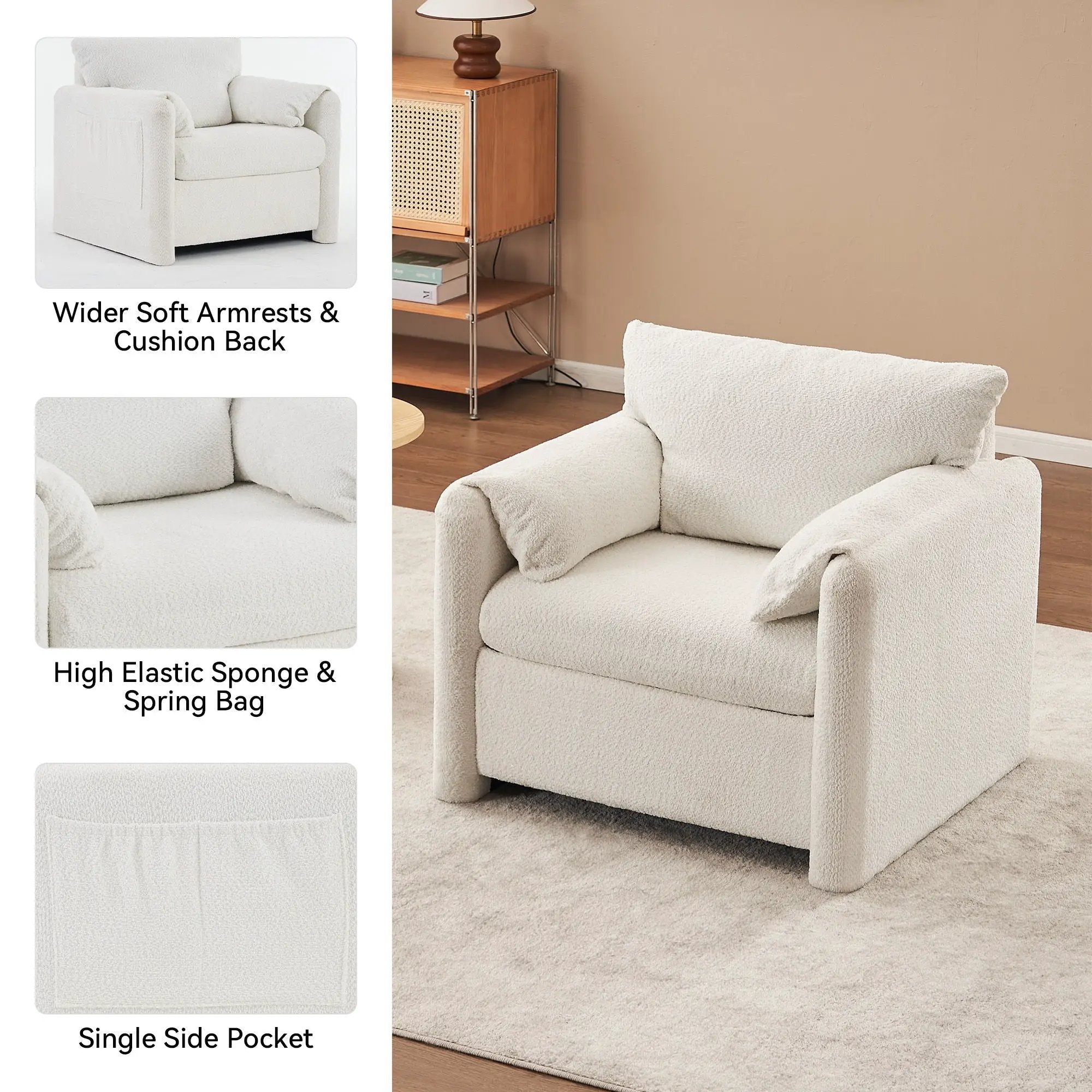 Fixed Modern Accent Chair Single Seater Plush Chenille Lounge Chair With High Resilience Cushion - Ivory White by Unique Piece Furniture