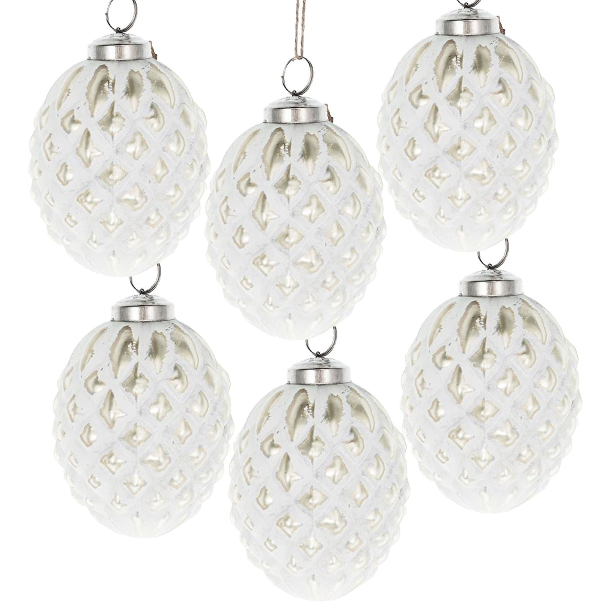 White Glass Christmas Ball Ornaments with Elegant Hanging Design - Set of 6, photo 2 of 7