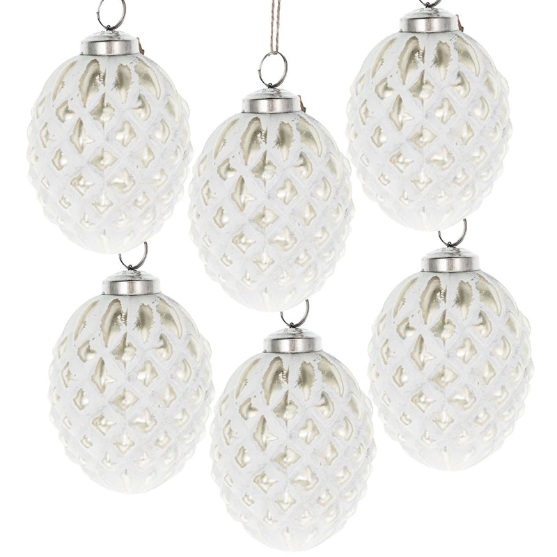 White Glass Christmas Ball Ornaments with Elegant Hanging Design - Set of 6, photo 2 of 7