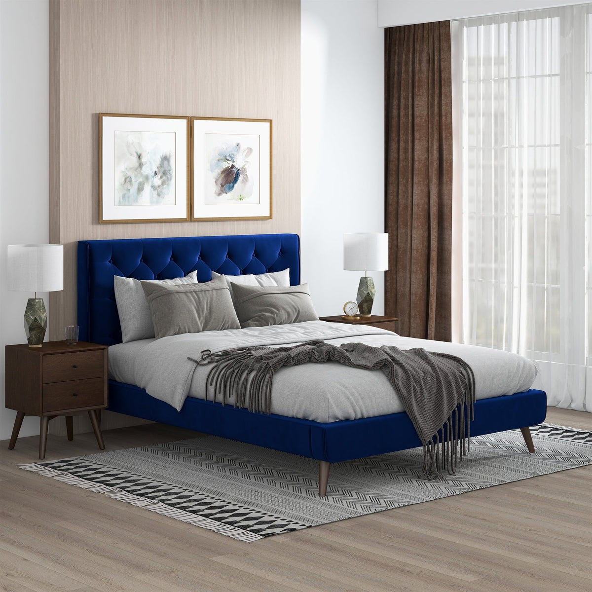 Mid-Century Platform Bed with Tufted Headboard - Blue, photo 3 of 14