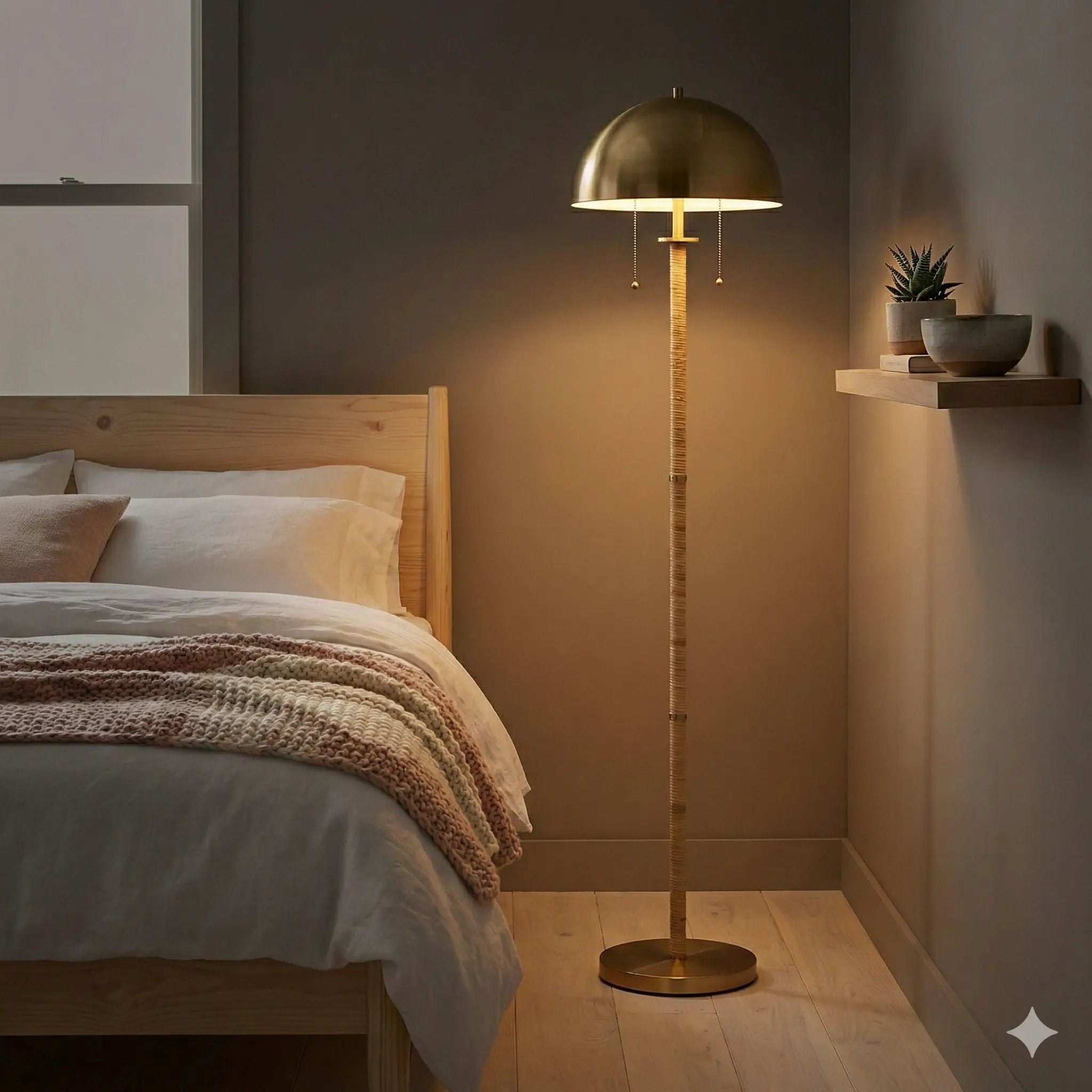 Allure - 2 Light Floor Lamp, Gold, Natural Tube, Double On / Off Pull Chain - Gold / Rattan by Unique Piece Furniture