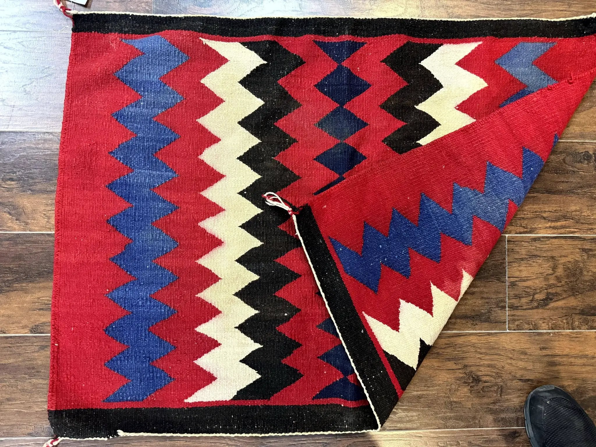 Antique Navajo Rug 3.7 x 2.8, Red Ivory Blue, Zig Zag Pattern, Handmade, Wool by Jewel Rugs