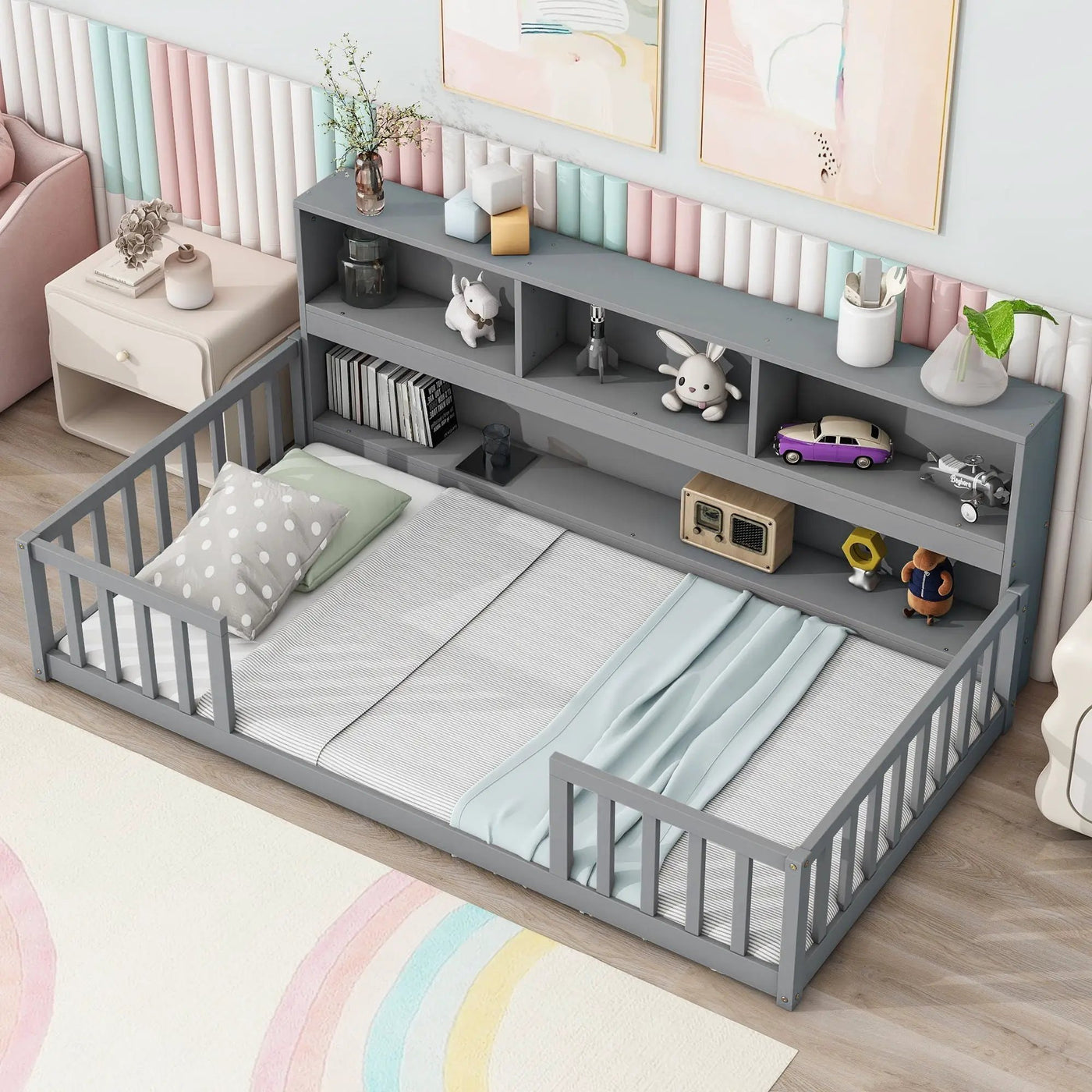 Floor Bed With Bedside Bookcase, Shelves, Guardrails by HouseOfZazla