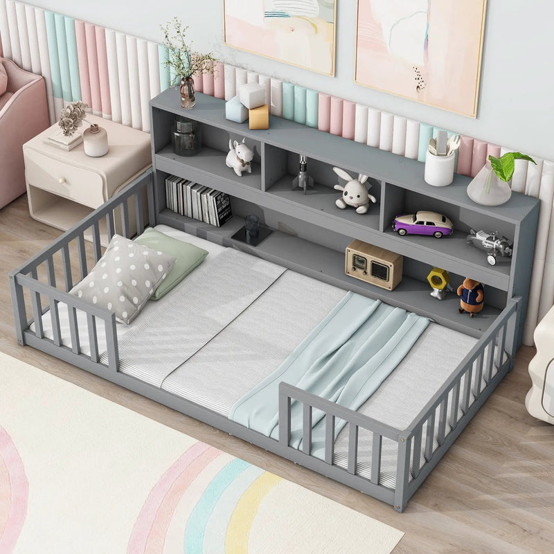 Floor Bed With Bedside Bookcase, Shelves, Guardrails by Unique Piece Furniture