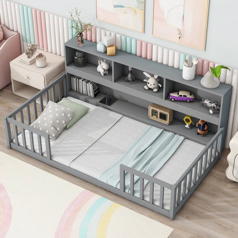 Floor Bed With Bedside Bookcase, Shelves, Guardrails by HouseOfZazla
