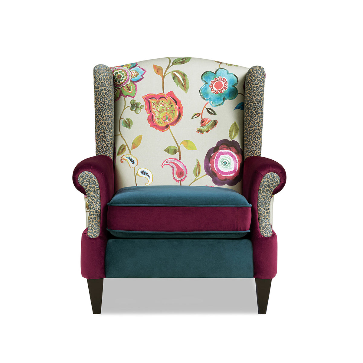 Anya Boho Chic Wingback Accent Arm Chair with Floral Print - Blue or Teal Multi, photo 5 of 10