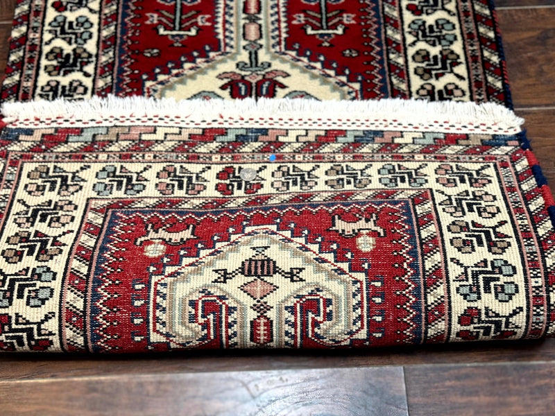 Indo Persian Runner Rug 2.6 x 12, Heriz Geometric Caucasian Design, Animal Pictorials, Tribal Runner Rug, Vintage Handmade Wool Red by Jewel Rugs