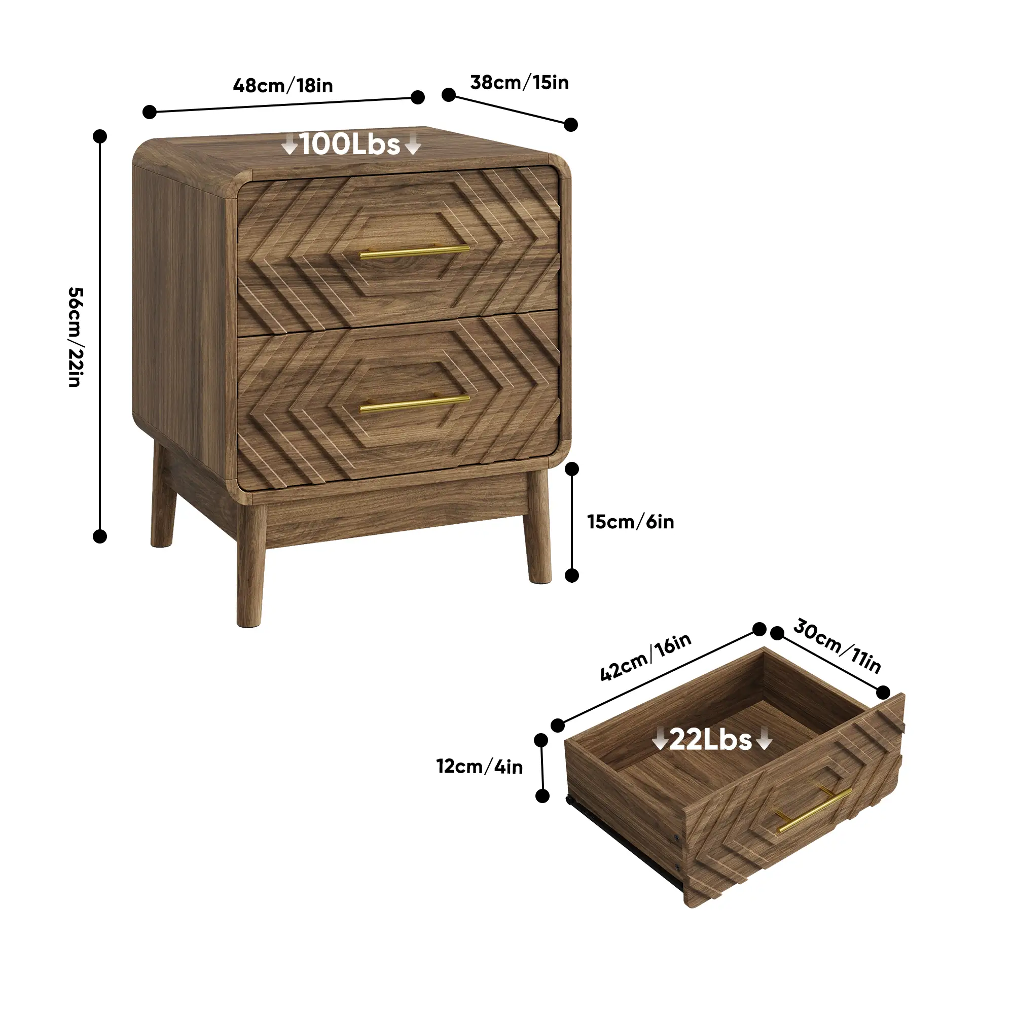 Walnut Wood Bedside Table with Double Drawers by HouseOfZazla