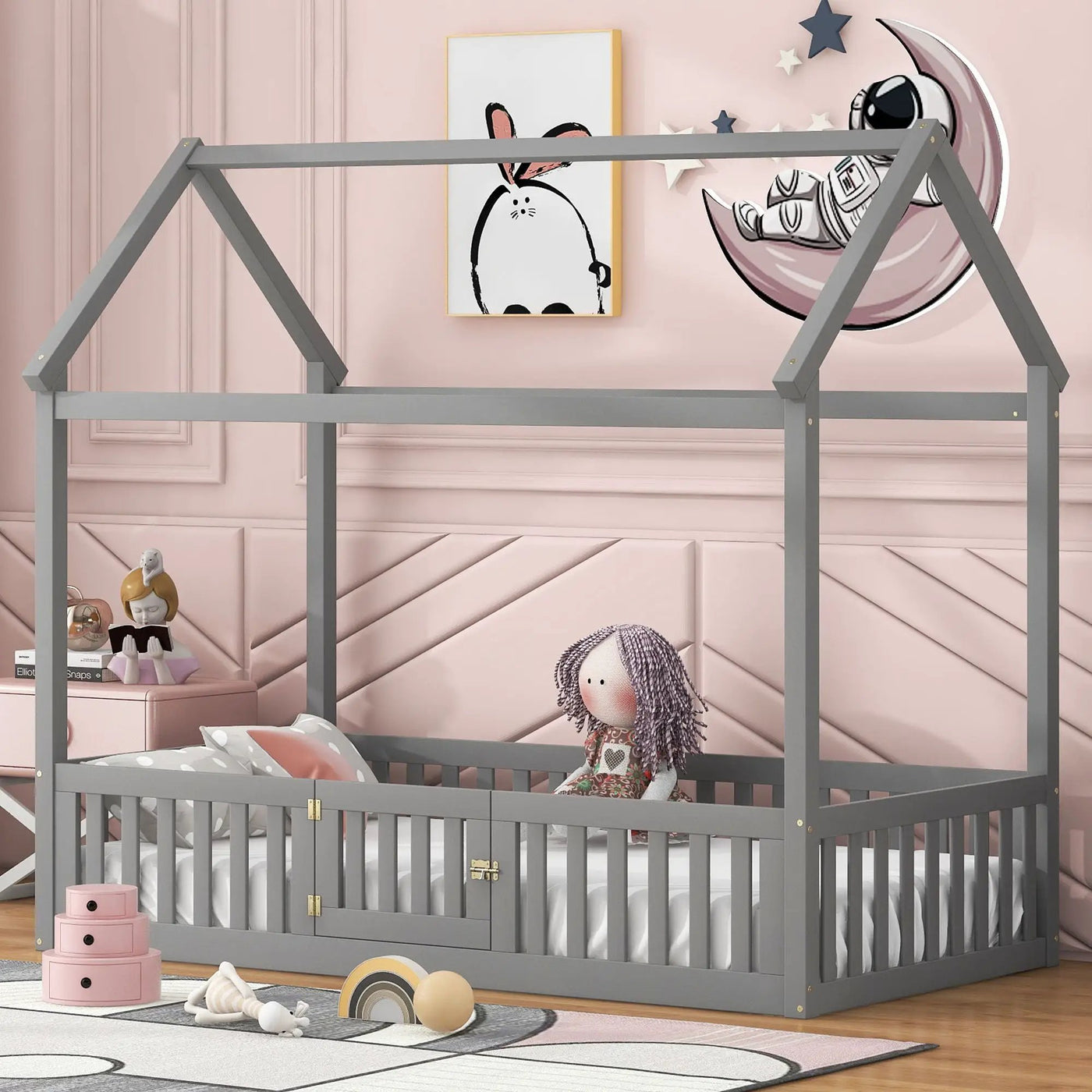 Wood House Bed With Fence And Door by HouseOfZazla