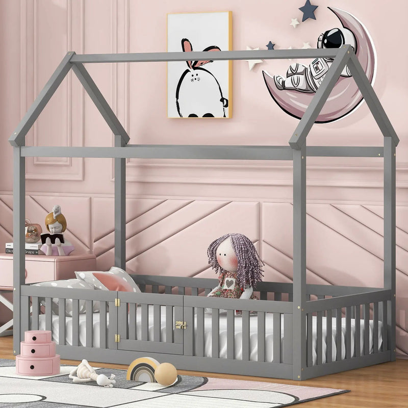 Wood House Bed With Fence And Door by Unique Piece Furniture