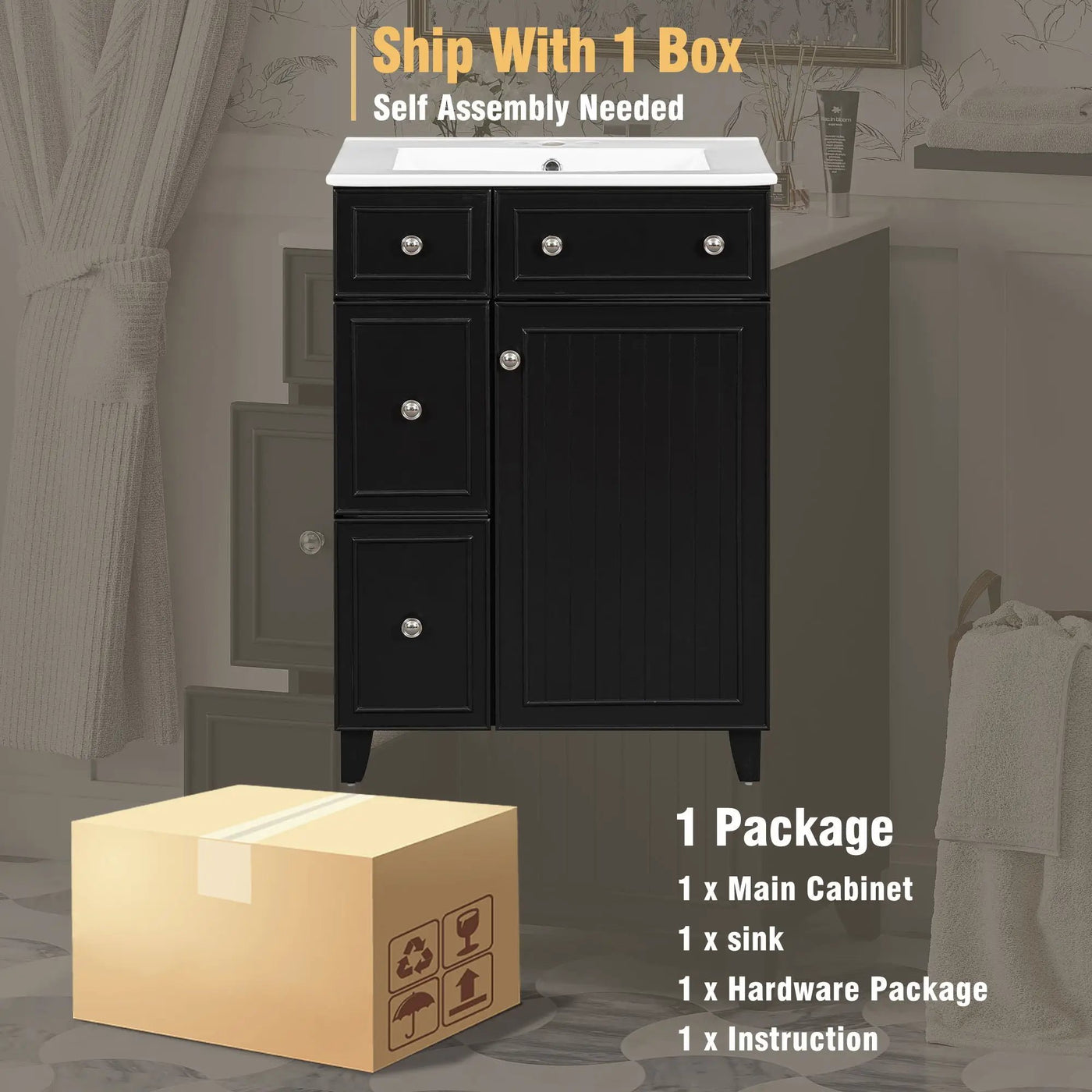 Transitional Style Bathroom Vanity Cabinet With Ceramic Sink by HouseOfZazla