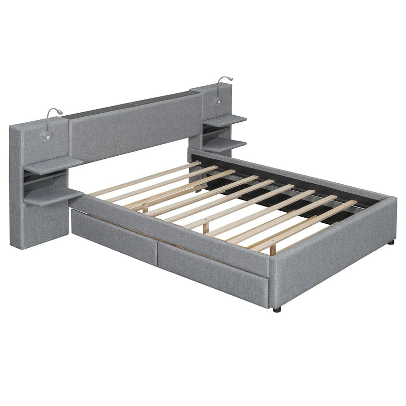 Upholstered Platform Bed With Reading Lights, Drawers, Trundle And Shelves by HouseOfZazla