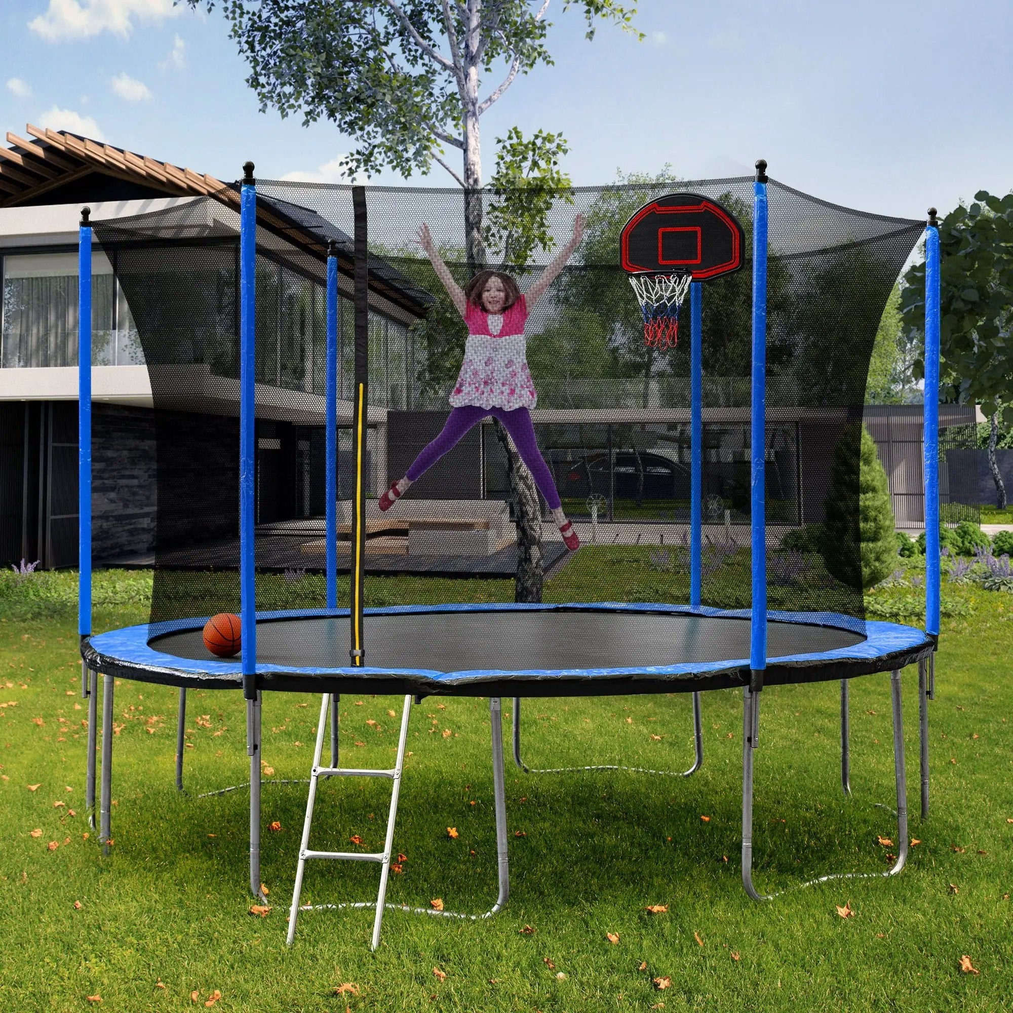 15Ft Trampoline With Basketball Hoop Inflator And Ladder (Inner Safety Enclosure) by HouseOfZazla