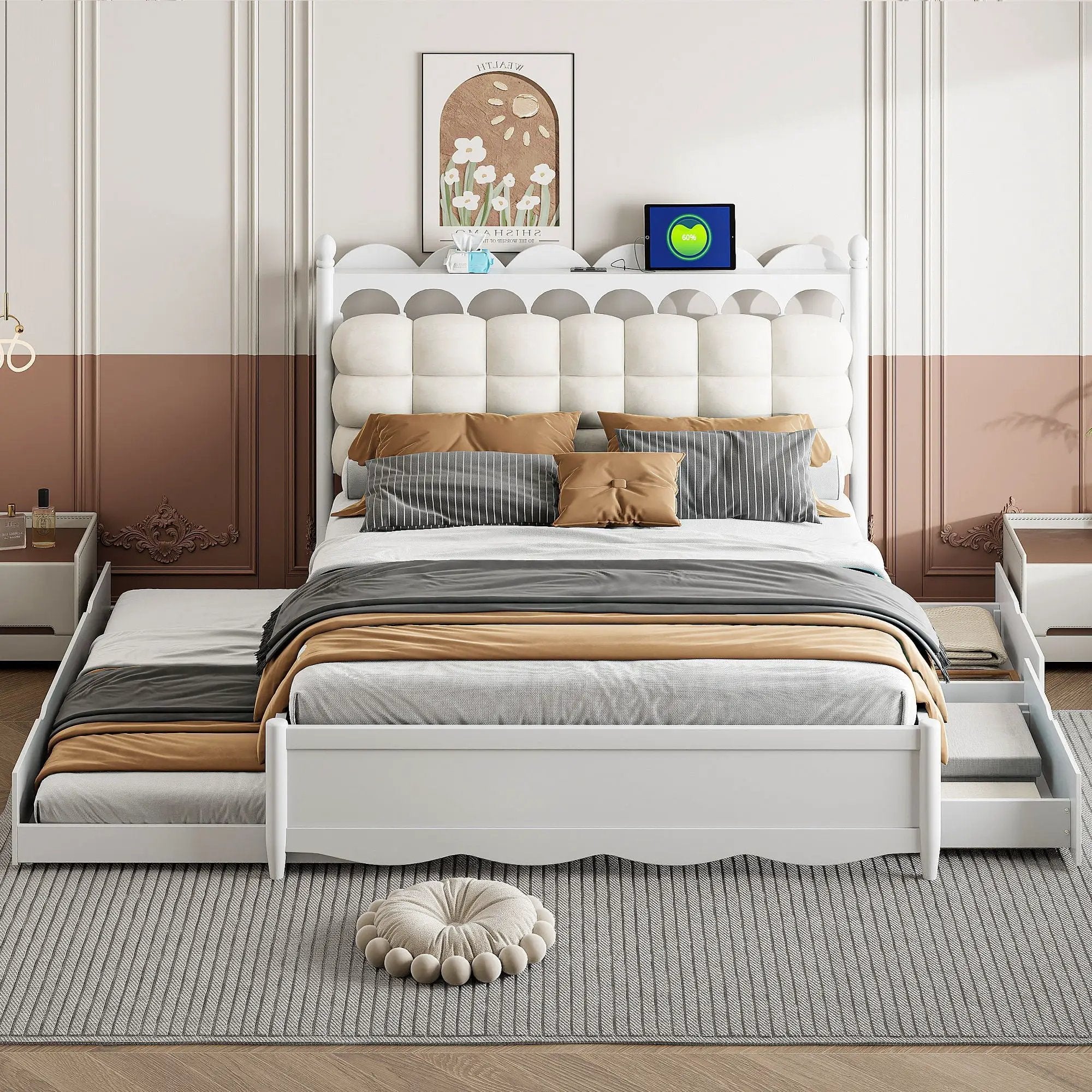 Storage Platform Bed, With 2 Big Drawers, Trundle, One Set Of Sockets & USB Ports by HouseOfZazla