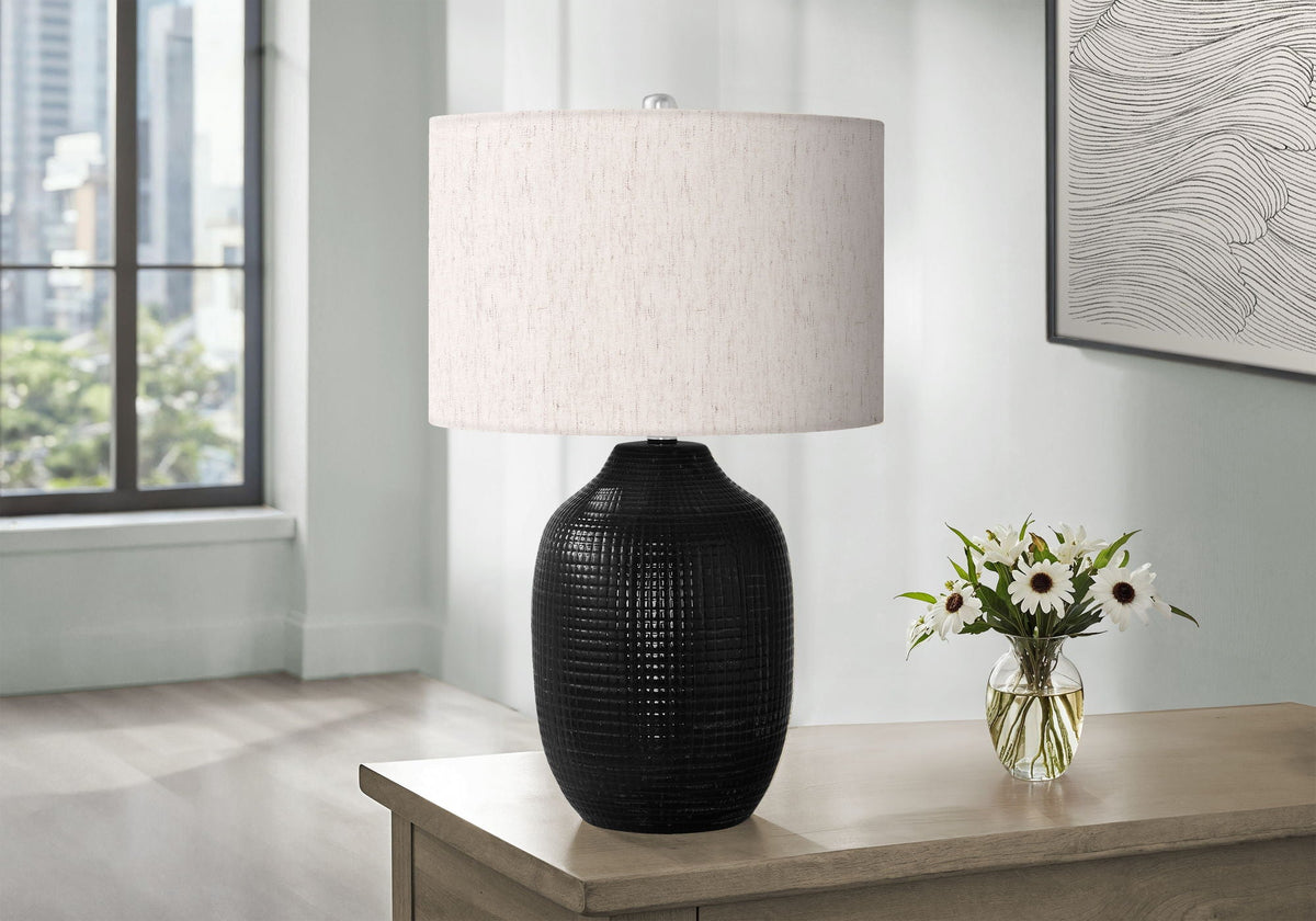 Contemporary Black Ceramic Table Lamp with 3-Way Switch - Ivory Linen Shade, photo 2 of 4