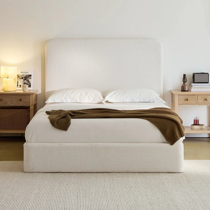 Canter Tall Headboard Upholstered Bed in Pearl White Chenille, Queen Size by HouseOfZazla