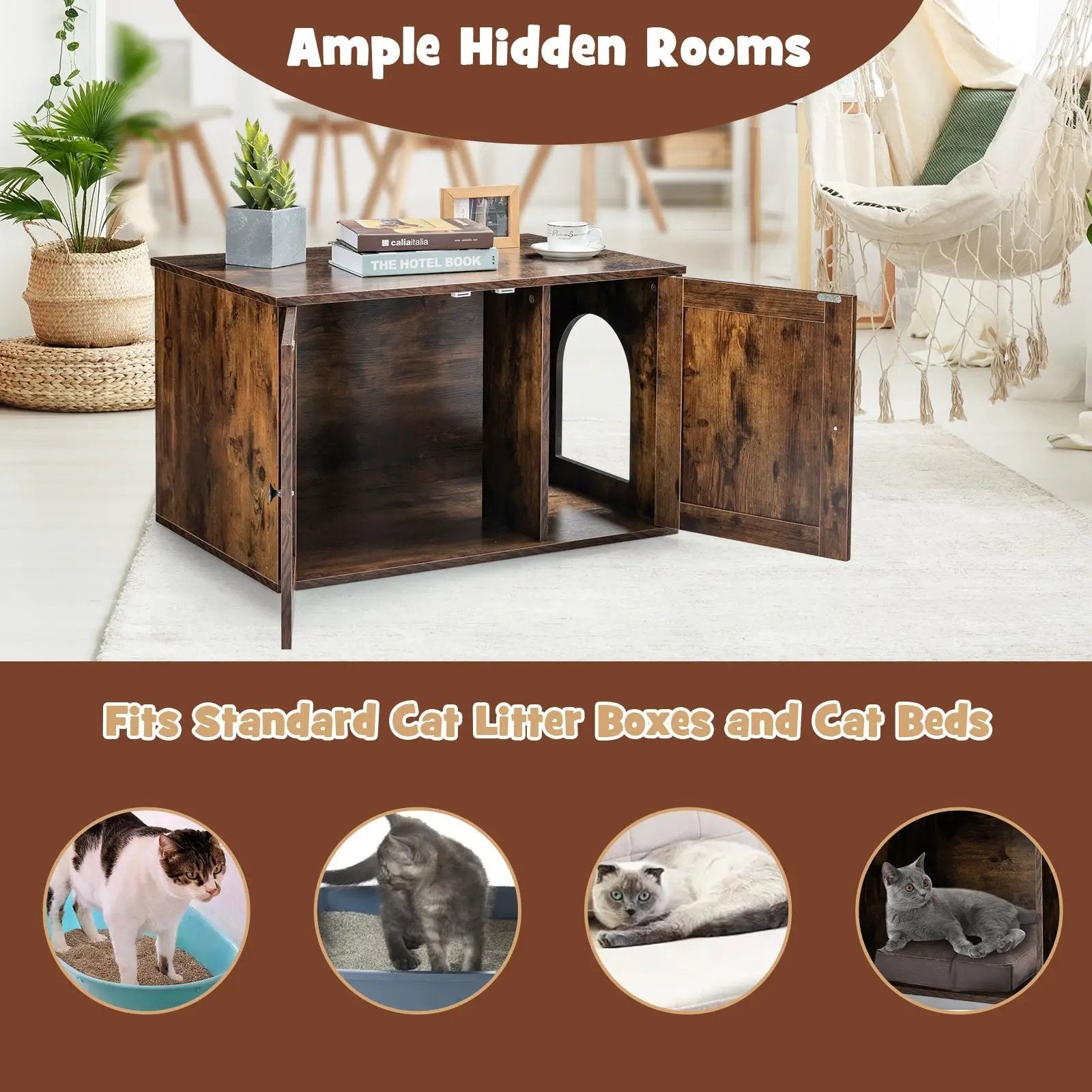 Wooden Hidden Cabinet Cat Furniture with Divider-Coffee by DirectDeals
