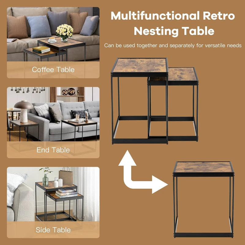 Set of 2 Modern Nesting End Tables with Metal Legs for Living Room-Rustic Brown by DirectDeals
