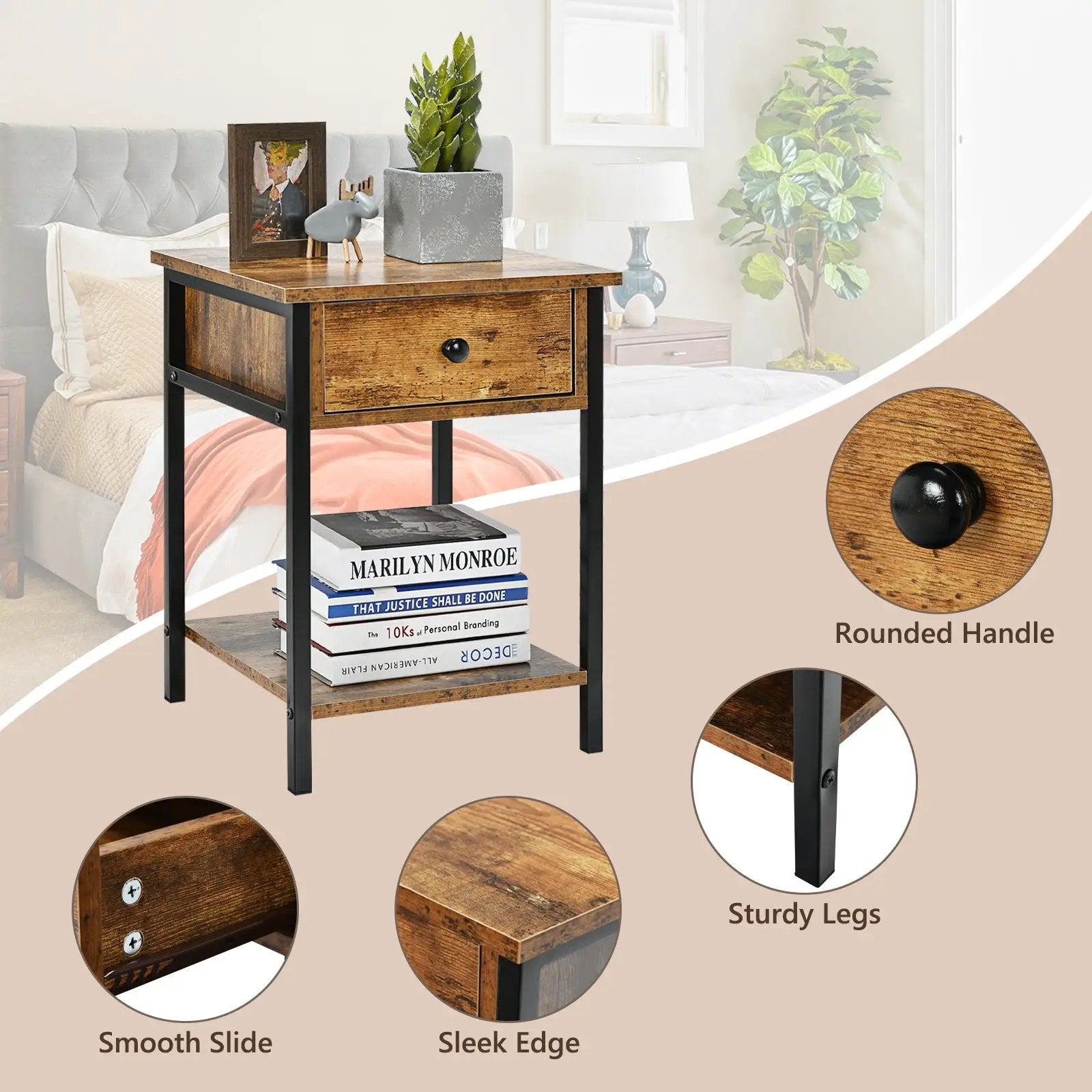 Industrial End Side Table Nightstand with Drawer Shelf by DirectDeals