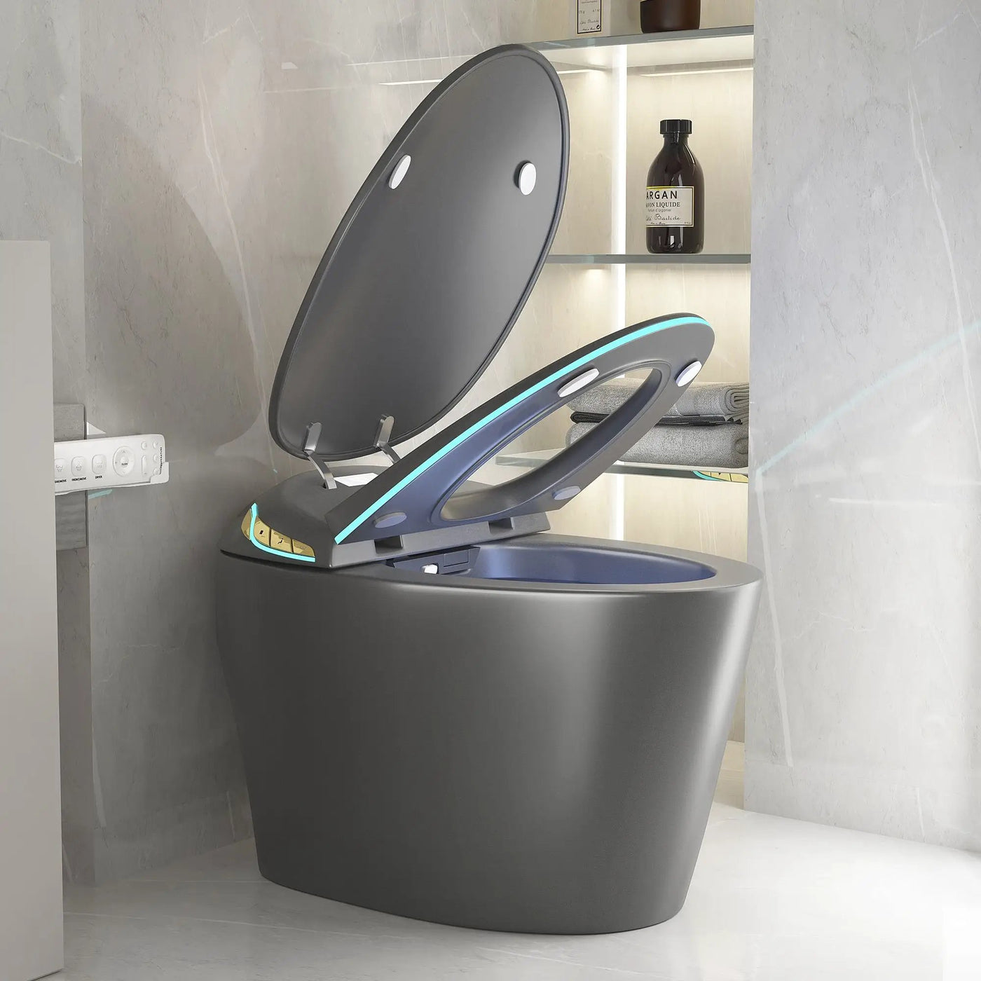 Unique Smart Toile With Built In Bidet, Auto Open / Close Seat, Foot Sensor, LED Display, Night Light, Warm Water & Dryer Ceramic by HouseOfZazla