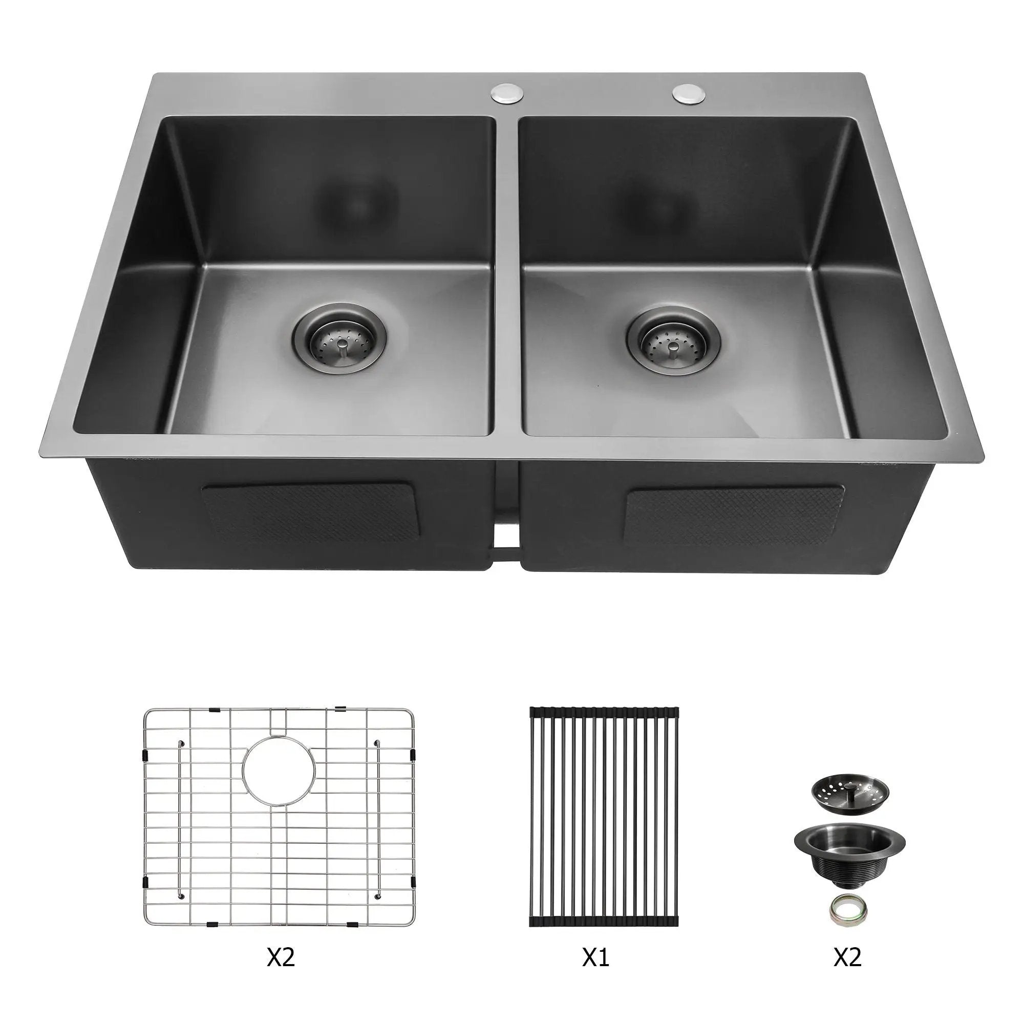Double Bowl Drop In Kitchen Sink 33" X 22" With 16 Gauge Stainless Steel And 2 10" Deep Basins - Gunmetal Black by HouseOfZazla