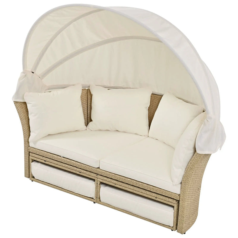 Outdoor Patio Daybed Wicker Rattan Double Daybed Round Sofa Furniture Set With Retractable Canopy, 4 Pillows For Lawn Garden by HouseOfZazla