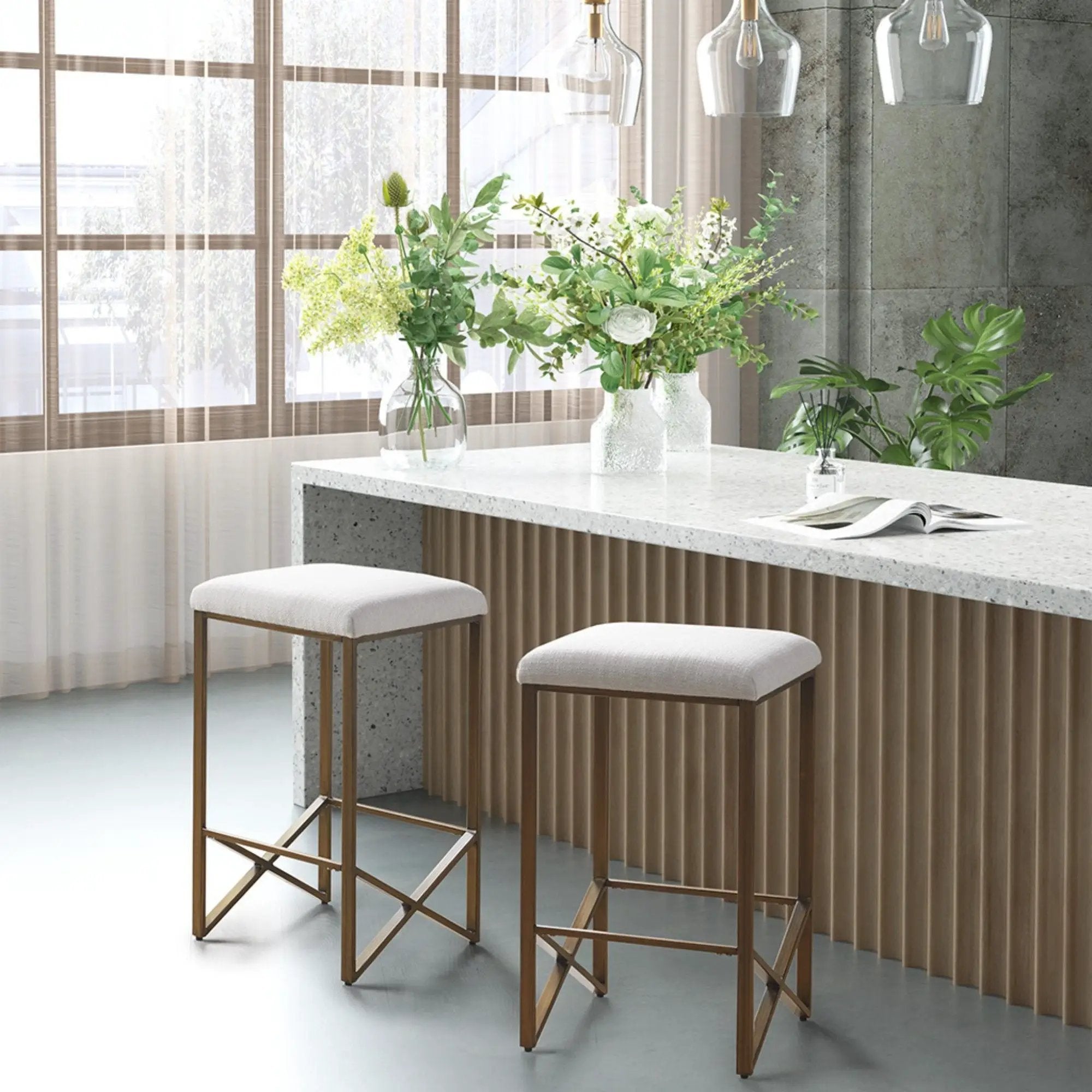 Backless Upholstered Counter Stool With Padded Seat - Ivory / Bronze by HouseOfZazla