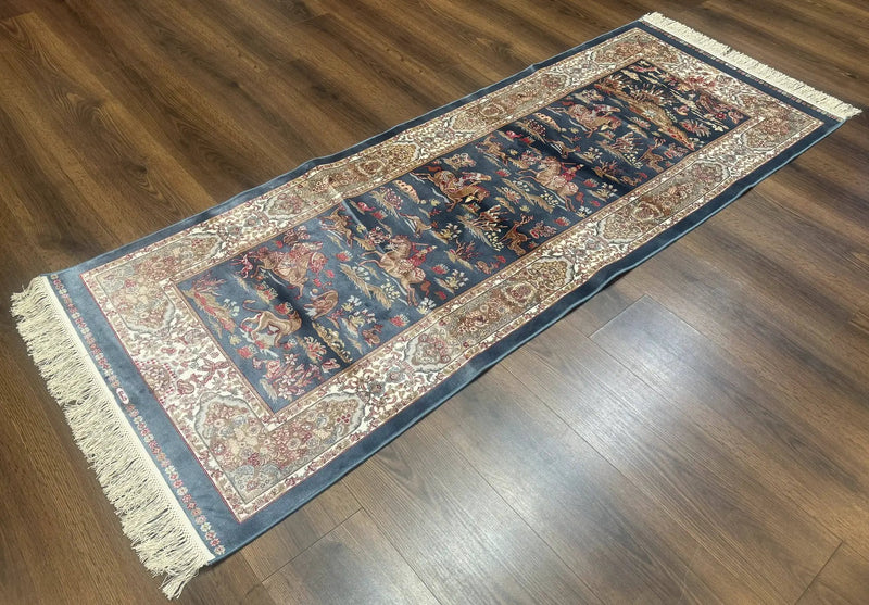 Turkish Silk Rug 2.6 x 6.7, Short Runner Rug, Blue & Ivory, Bamboo Silk, New by Jewel Rugs