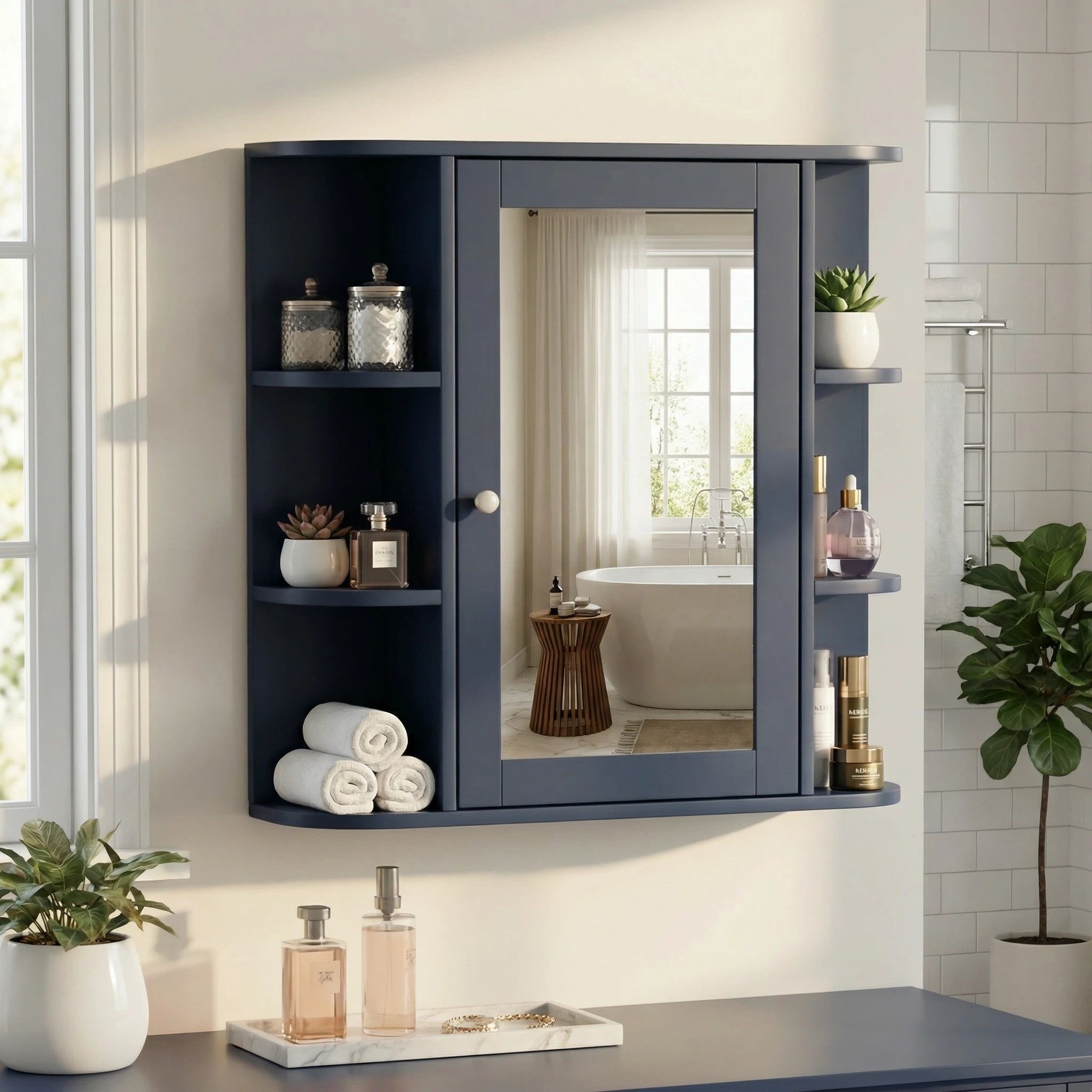 Bathroom Wall Storage Cabinet With Mirror And Adjustable Shelf, 6 Open Shelves by HouseOfZazla