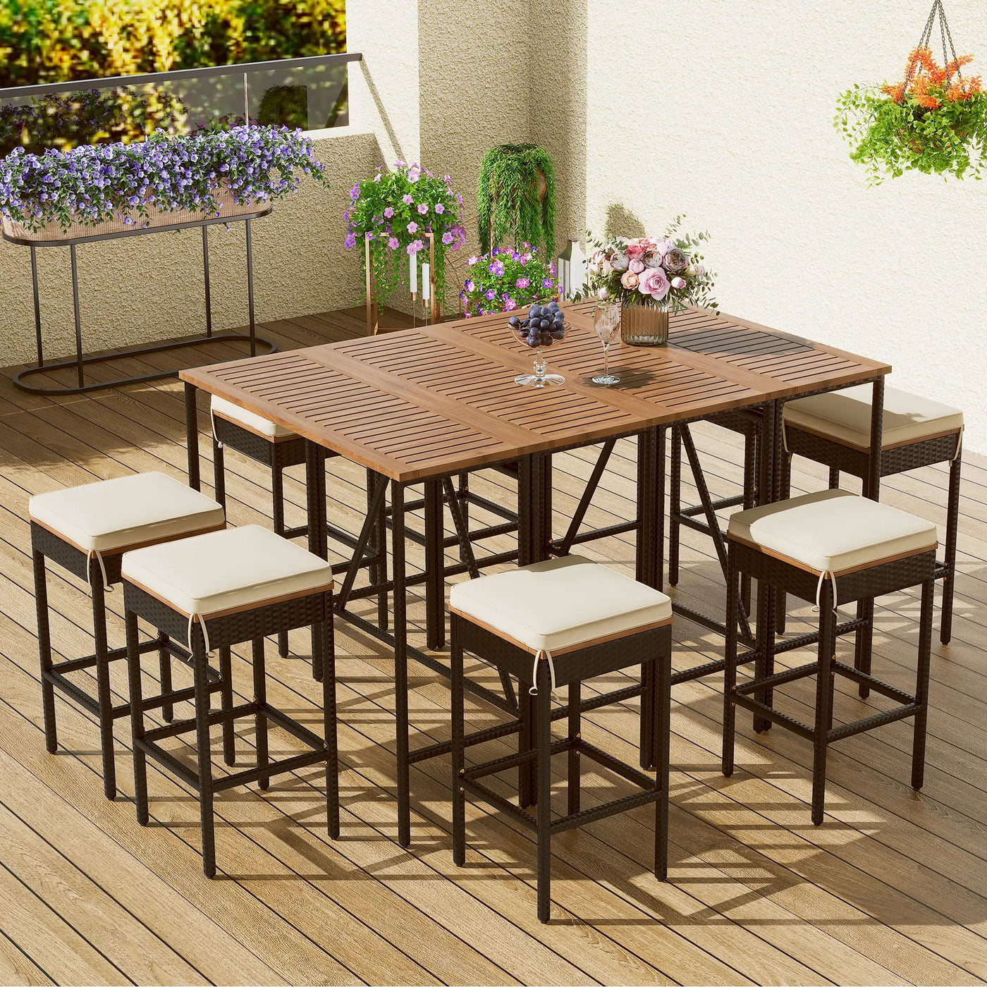 Outdoor Acacia Wood Bar Height Table And Eight Stools With Cushions by Unique Piece Furniture
