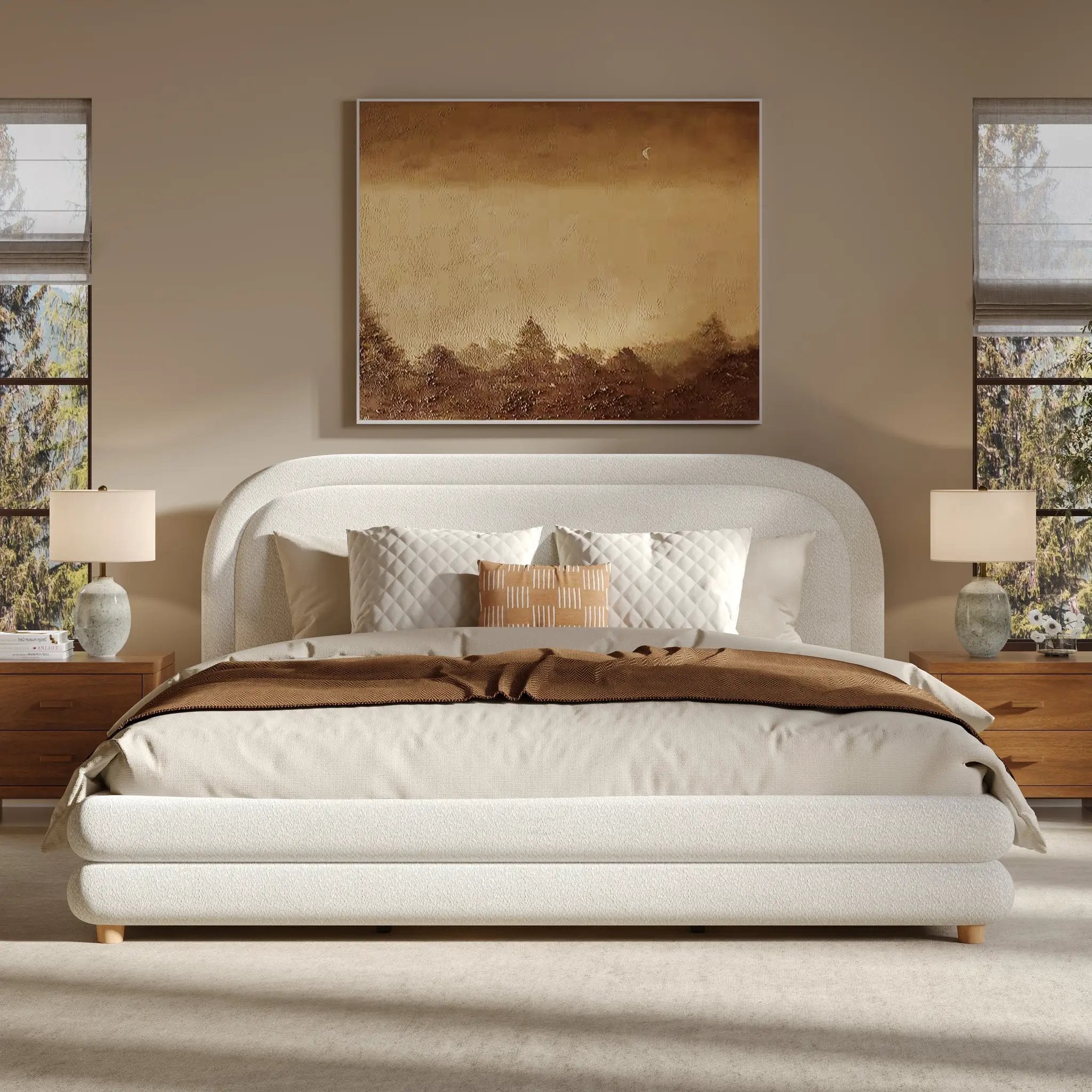 King Size Bed Frame With Boucle Upholstered Thick Curved Headboard, Solid Wood Legs by HouseOfZazla