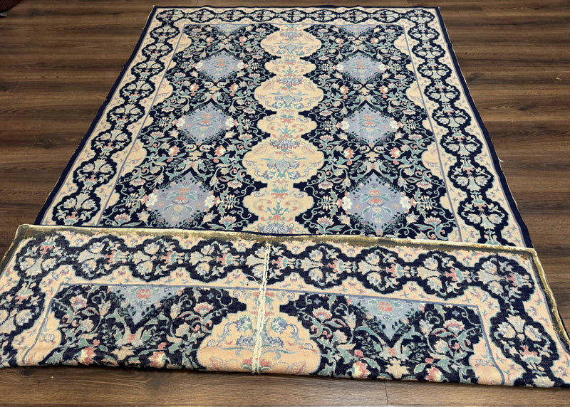 Needlepoint Rug 6x9, Ivory and Navy Blue by Jewel Rugs