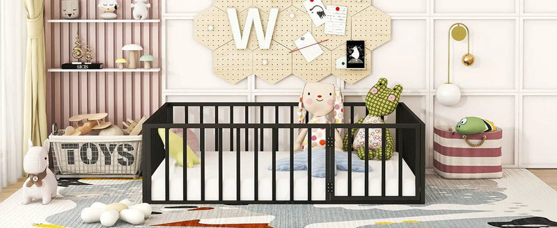 Metal Floor Bed Frame With Fence And Door by HouseOfZazla