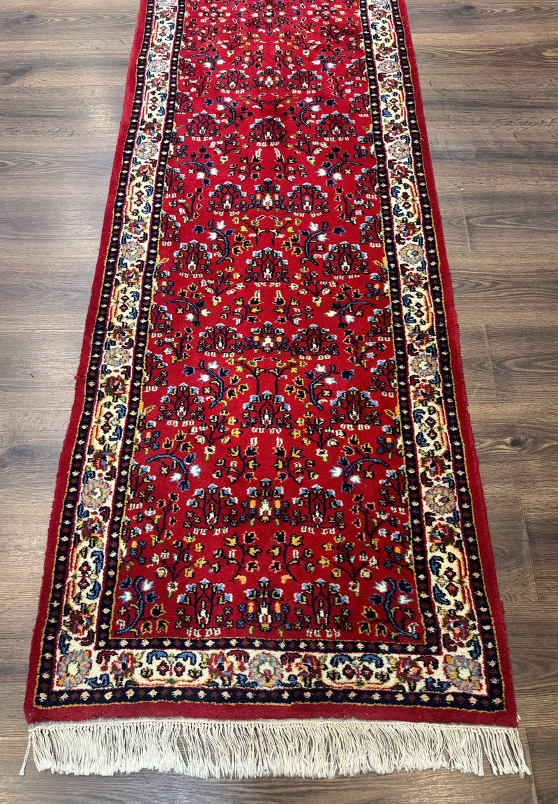 Indo Persian Sarouk Runner Rug 3 x 12, Red and Cream, Allover Pattern, 12ft Runner, Hand Knotted by Jewel Rugs