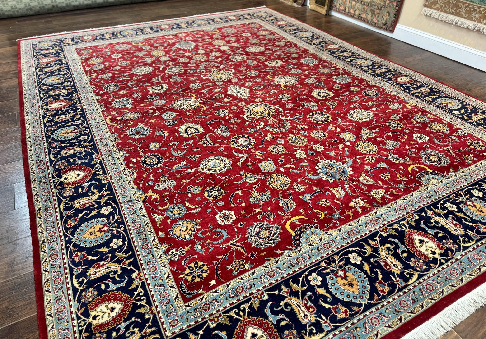 Pak Persian Rug 9x12, Red and Navy Blue, Floral Allover, Hand Knotted Vintage Wool Carpet, Fine 260 KPSI by Jewel Rugs