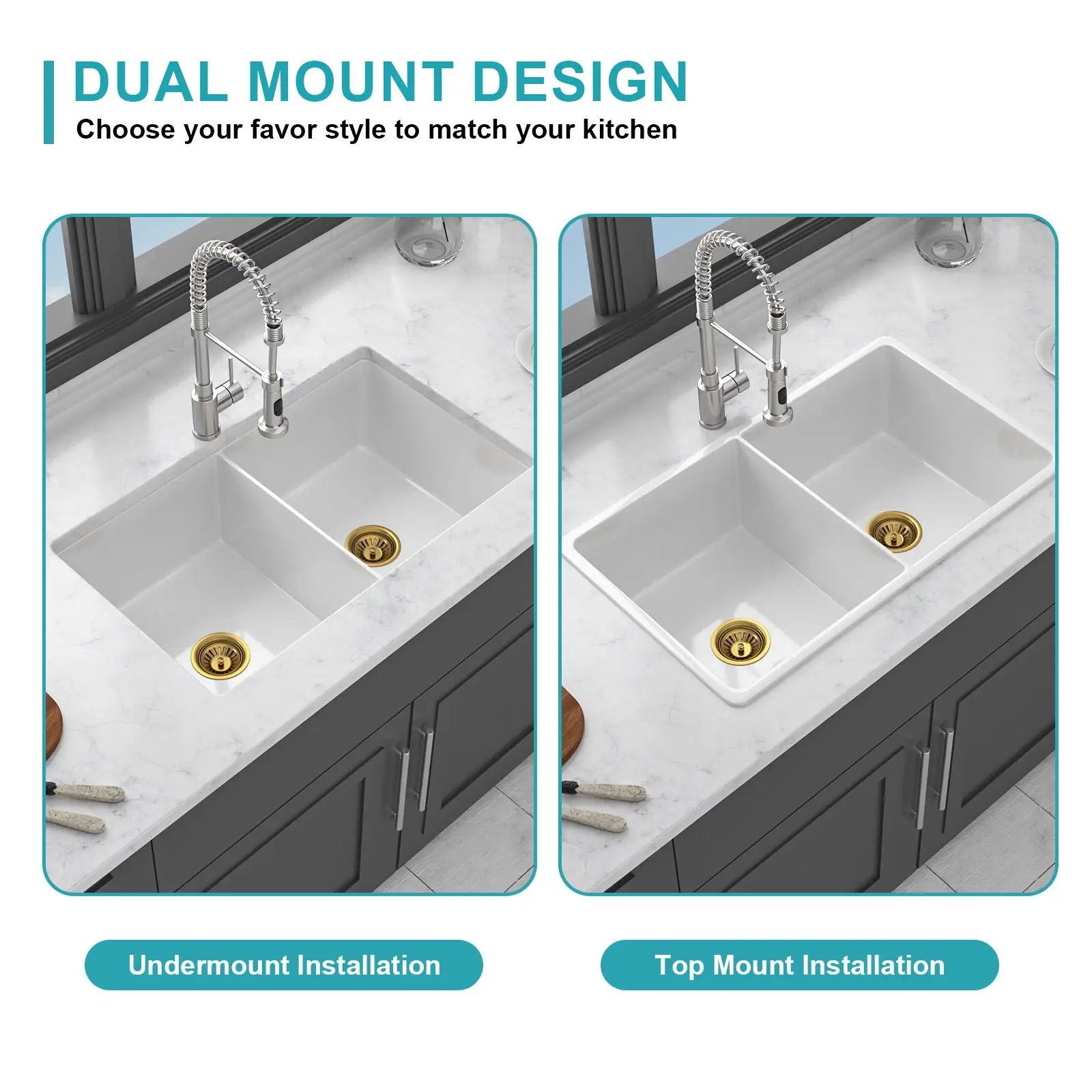 32" Undermount Double Bowl Kitchen Sink Rectangular Deep Dual Bas With Grids - White by HouseOfZazla