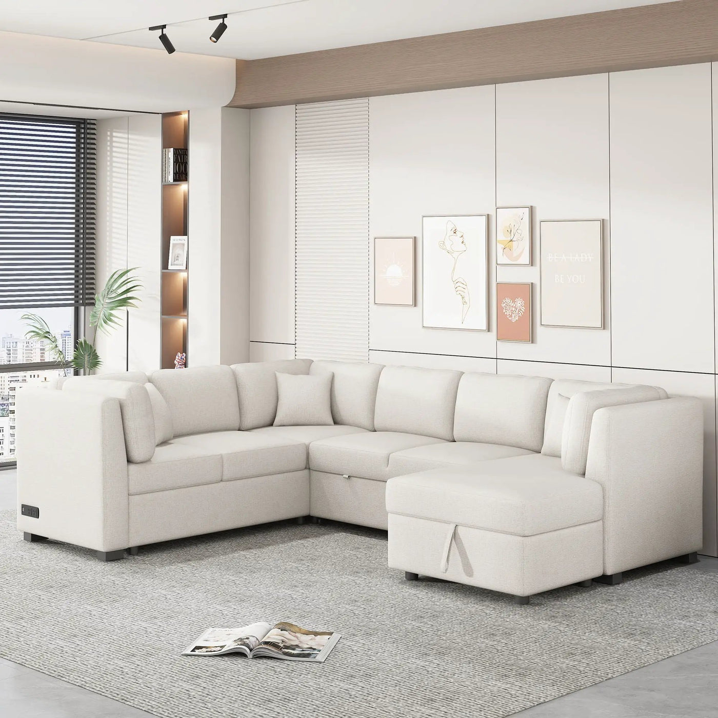 U-Shaped Sectional Sofa Pull Out Sofa Bed With Two USB Ports, Two Power Sockets, Three Back Pillows And A Storage Chaise For Living Room by HouseOfZazla