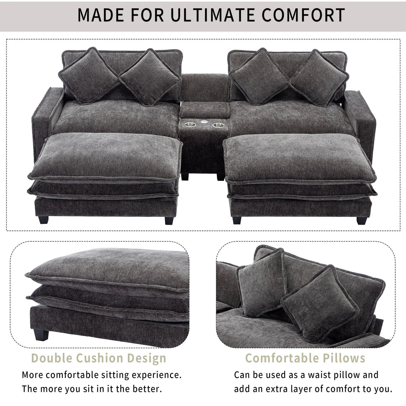 Modern Sectional Sofa With Removable Ottomans, USB Ports by HouseOfZazla