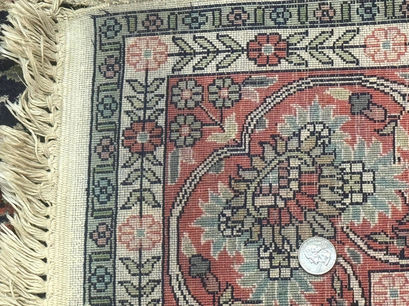 Silk Indian Kashmiri Rug 4x6, Tree of Life Pattern, Birds, Fine 290 KPSI, Navy Blue and Red, Handmade Oriental Carpet by Jewel Rugs