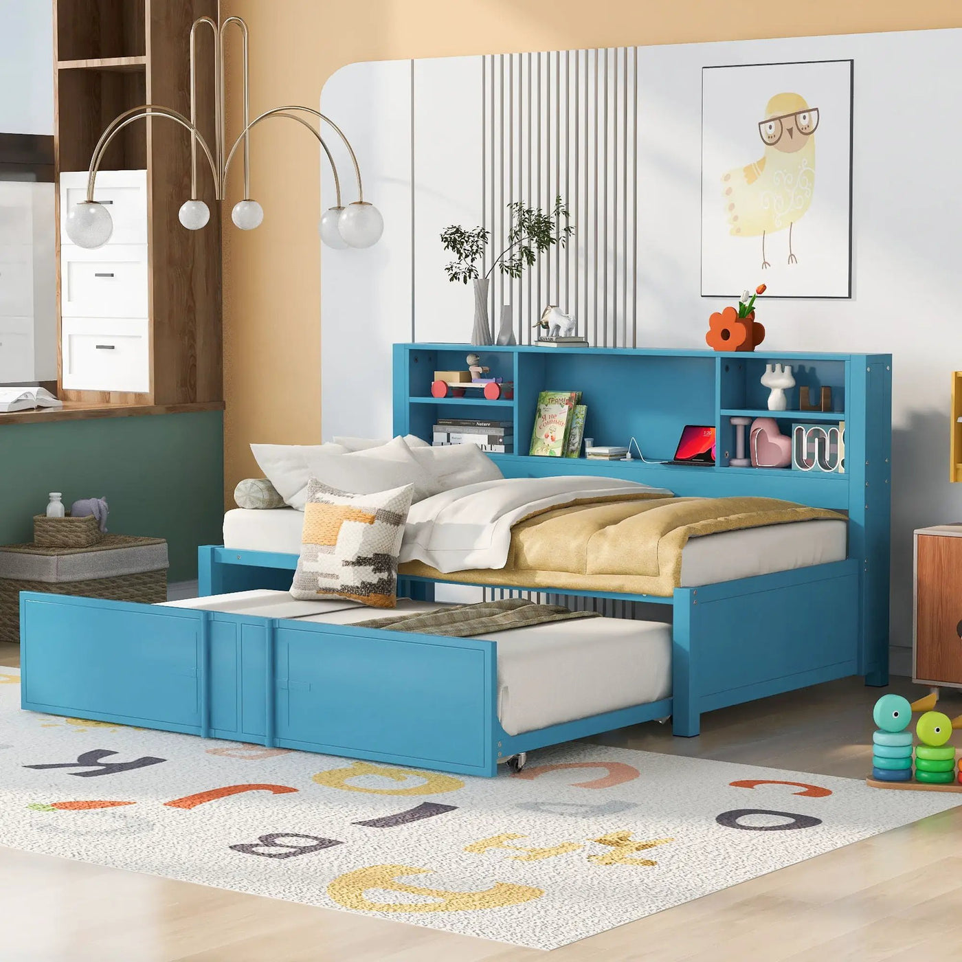 Industrial Metal Daybed With Trundle, Storage Shelves, USB Ports by Unique Piece Furniture