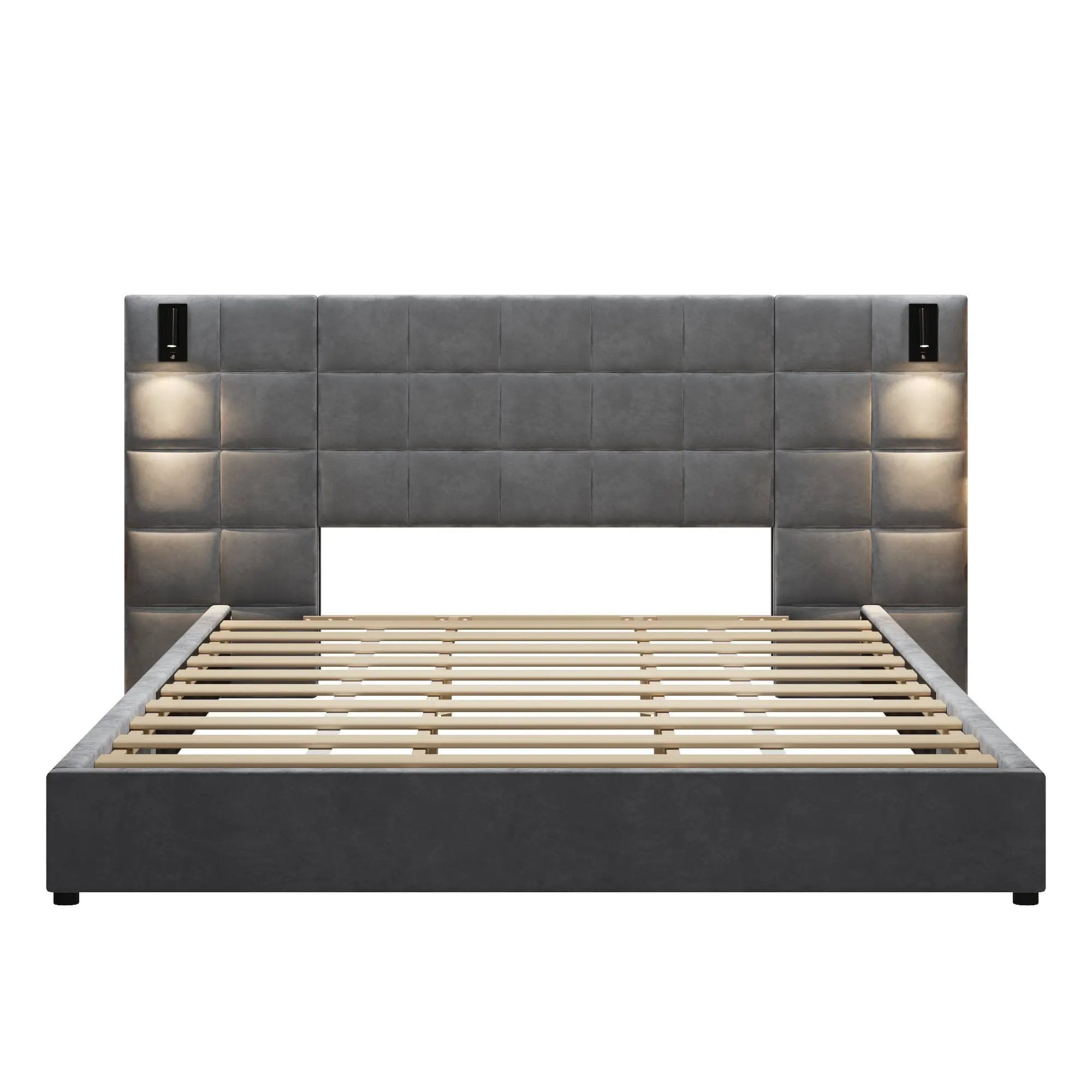 King Size Upholstered Bed Frame with Wall Sconce and USB Port by HouseOfZazla